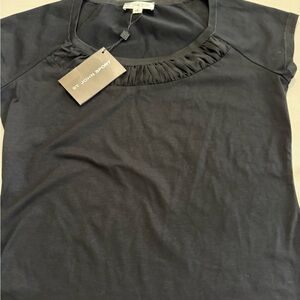 St. John Black Short Sleeve Top with Ruffled Neckline